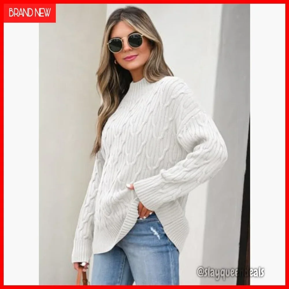 Oversized Cable Knit Mock Turtle Neck Sweater Tunic Pullover